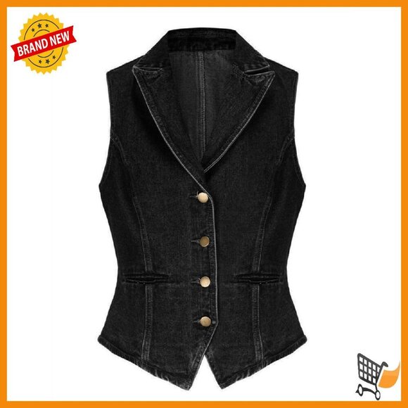 Jackets & Blazers - Slim Fit Denim Vest Lapel Sleeveless Button Down Work Casual